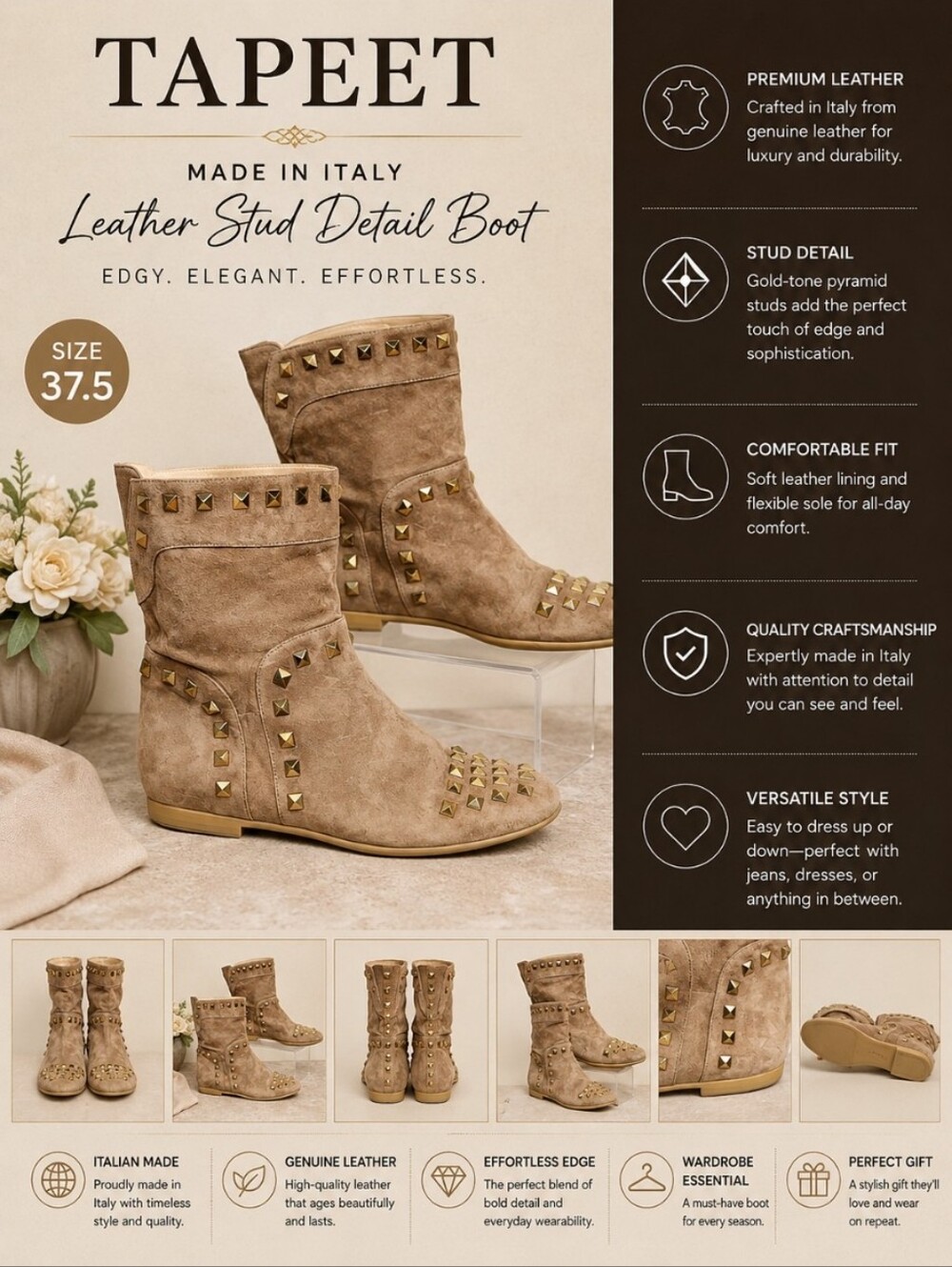 TAPEET Made in Italy Leather Stud Detail Boot 37.5